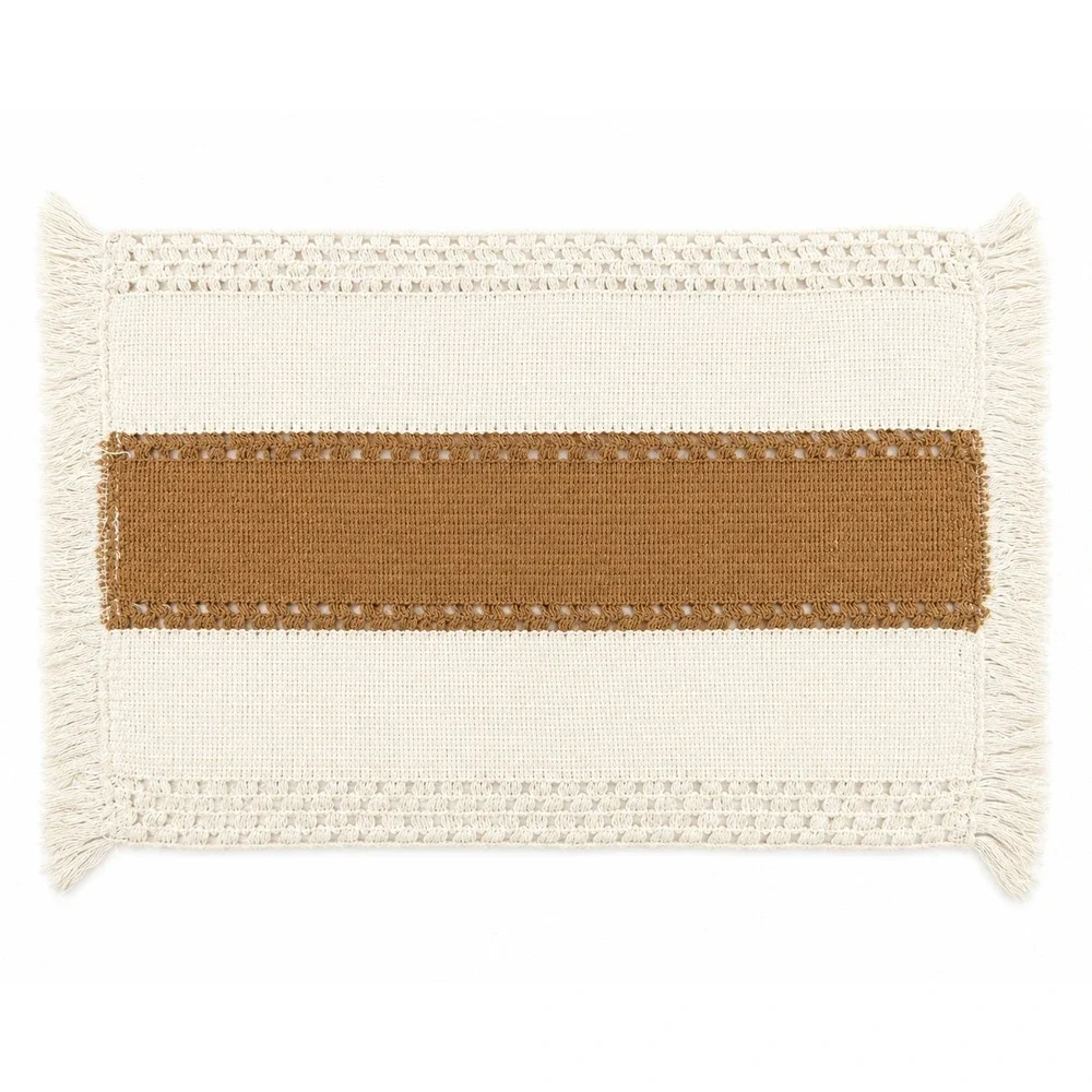 Boho Set of 6 Woven Placemats Crochet Fringe Farmhouse Cream Tan Neutral Beige